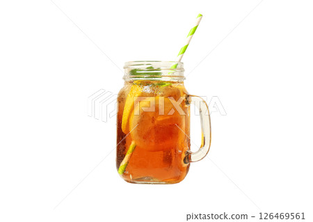Iced tea served in a jar with lemon slices and a straw, isolated on white 126469561