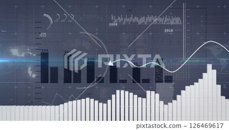 Financial data charts and graphs with fluctuating lines image over world map Financial data charts and graphs with fluctuating lines image over world map 126469617
