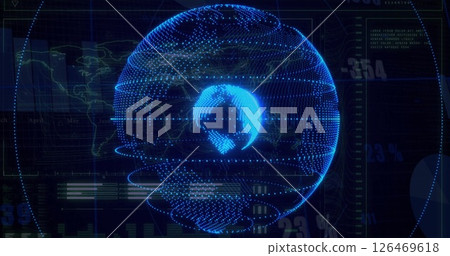 Rotating digital globe with data points and lines, global network image 126469618