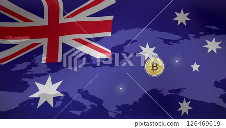 Bitcoin symbols and Australian flag image over world map 126469619