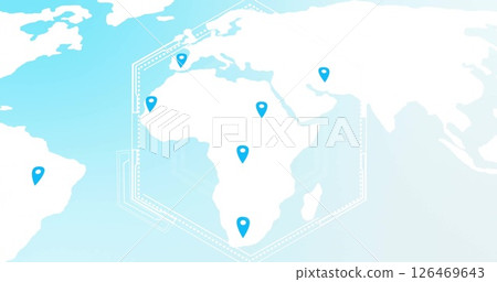 Map with location markers image over hexagonal grid Map with location markers image over hexagonal grid 126469643