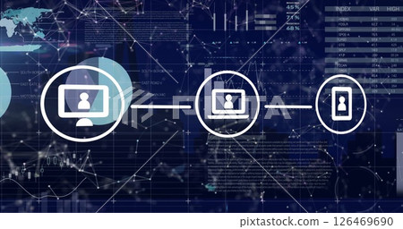 Image of network of connections with icons and statistics over dark background 126469690