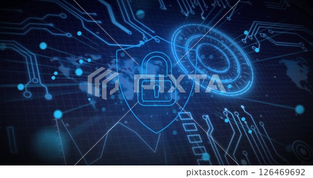 Image of network of connections with padlock icon and circuit board over dark background 126469692