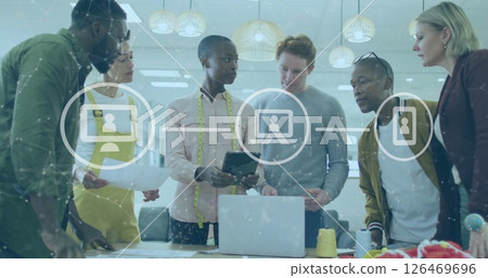 Image of network of connections with icons over diverse businesspeople in office Image of network of connections with icons over diverse businesspeople in office 126469696