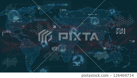 Image of digital data processing over world map on dark background 126469714