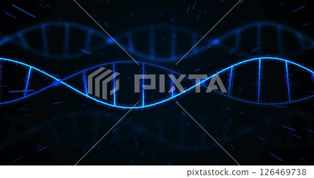 Image of blue trails and dna strands on black background 126469738