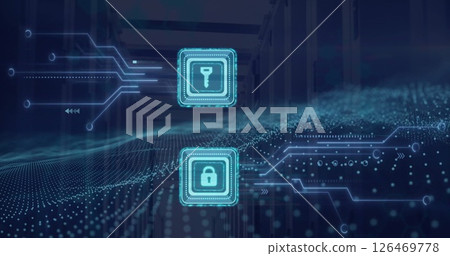 Image of key and padlock icons, digital data processing over computer circuit board 126469778