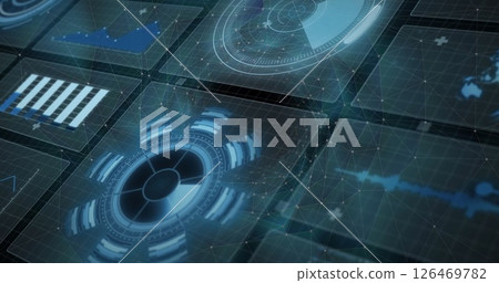 Image of digital data processing and scopes scanning on screens over black background Image of digital data processing and scopes scanning on screens over black background 126469782