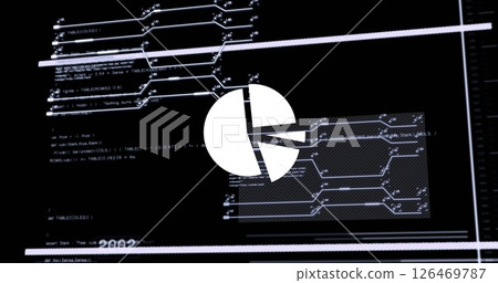 Image of digital data processing and pie chart over black background 126469787