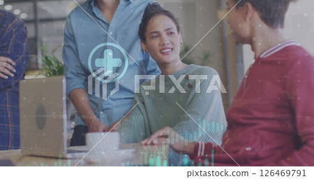 Image of financial data processing over diverse colleagues having meeting in office 126469791