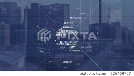 Image of globe over data processing and cityscape 126469797