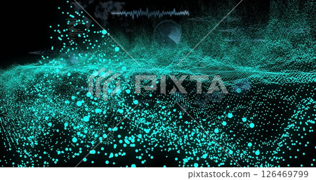 Image of blue spots over data processing on black background 126469799