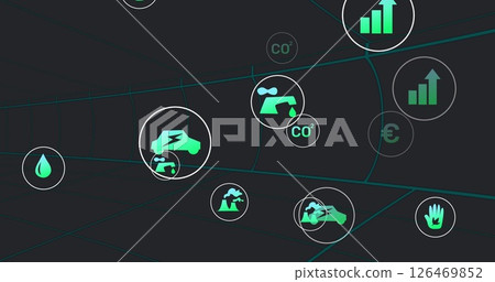 Image of energy and finance icons rising on black background 126469852