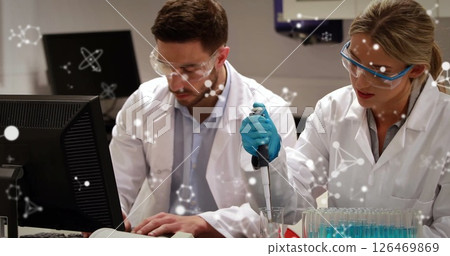 Image of molecules and data processing over diverse scientists in laboratory Image of molecules and data processing over diverse scientists in laboratory 126469869