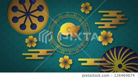 Image of chinese new year symbol of mouse over flowers and shapes 126469874