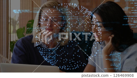 Image of data processing and globe with spots over caucasian colleagues talking in office Image of data processing and globe with spots over caucasian colleagues talking in office 126469908