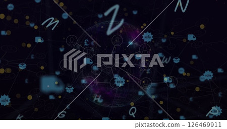 Image of network of connections with digital icons over black backgorund 126469911