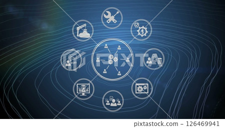 Image of circular scanners and business and network icons processing over contours on dark blue 126469941