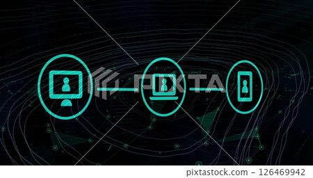 Image of communication media network over contours and connections on black background 126469942