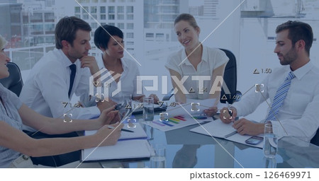 Image of financial data processing over diverse business people in office Image of financial data processing over diverse business people in office 126469971