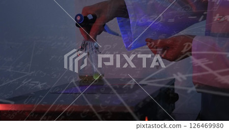 Image of mathematical equations over caucasian scientist doing experiment in lab 126469980