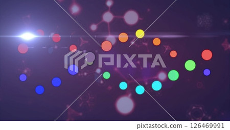 Image of colourful shapes moving over molecules and dna strand 126469991