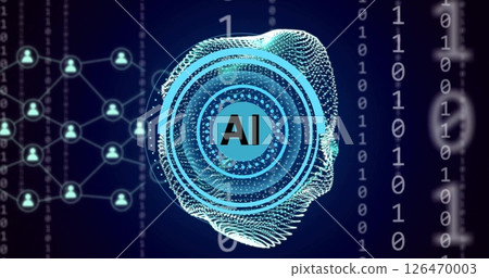 Image of ai scanner and network over binary data and communication connections on black Image of ai scanner and network over binary data and communication connections on black 126470003