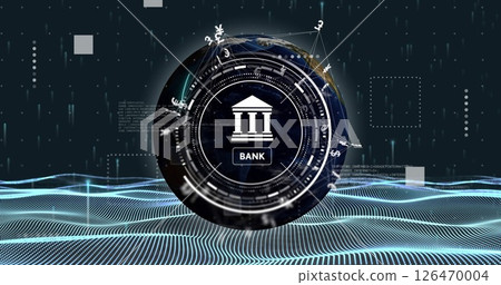 Image of bank scanner with currency symbols over processing data and network wave Image of bank scanner with currency symbols over processing data and network wave 126470004