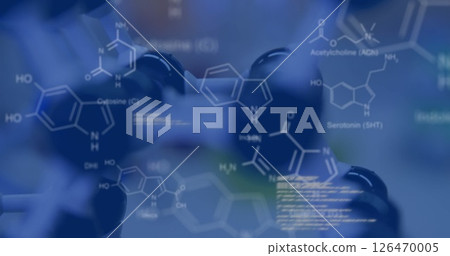 Image of scientific data processing over molecule in laboratory 126470005