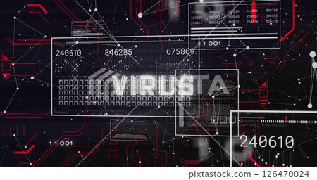 Image of virus text with network of connections and data processing on black background 126470024