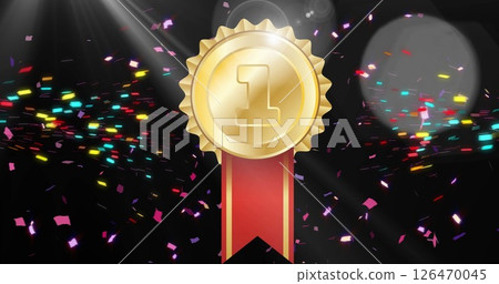 Image of confetti falling over gold medal on black background Image of confetti falling over gold medal on black background 126470045