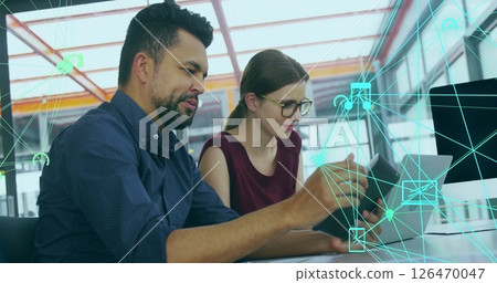 Image of globe of connections with icons over diverse businesspeople using electronic devices Image of globe of connections with icons over diverse businesspeople using electronic devices 126470047
