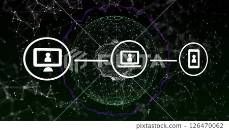 Image of network of connections with icons over globe on black background 126470062