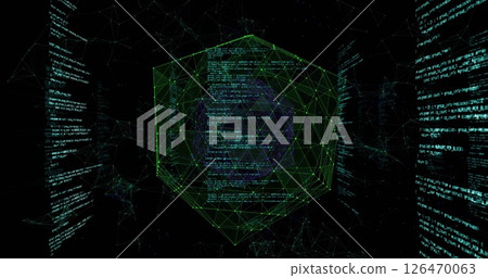 Image of data processing over globe of connections on black background 126470063