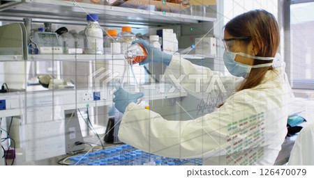 Image of scientific data processing over biracial female scientist in laboratory Image of scientific data processing over biracial female scientist in laboratory 126470079