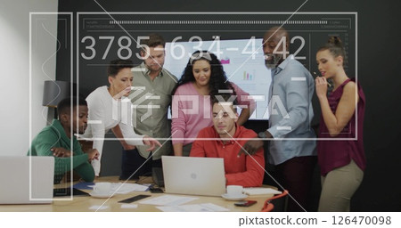 Image of data processing over diverse business people in office Image of data processing over diverse business people in office 126470098