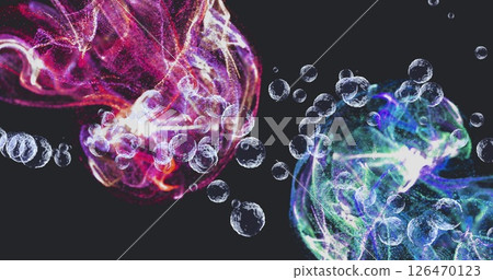 Image of glowing light spots and light trials moving over black background Image of glowing light spots and light trials moving over black background 126470123