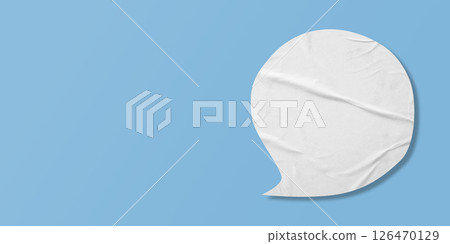 White speech bubble crumpled paper isolated on light blue background 126470129