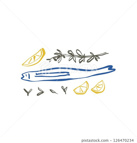 Minimalist fish with lemon slices and thyme in blue yellow and olive line art hand drawn in natural organic whimsical style 126470234