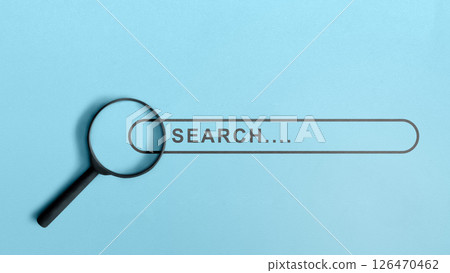 Magnifying glass with search engine bar icon on blue background. Concept of technology and web network Magnifying glass with search engine bar icon on blue background. Concept of technology and web network 126470462