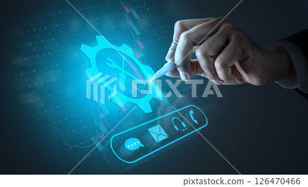 Businessman touching the icon of a gear with wrench and screwdriver tools. Technology innovation on a virtual screen. Concept of technical support or customer service 126470466