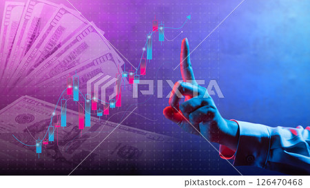Business hand touching upward graph with candlestick and 100 dollar banknotes in the background. Technology innovation on a virtual screen. Concept of World Economic Growth Business hand touching upward graph with candlestick and 100 dollar banknotes in the background. Technology innovation on a virtual screen. Concept of World Economic Growth 126470468