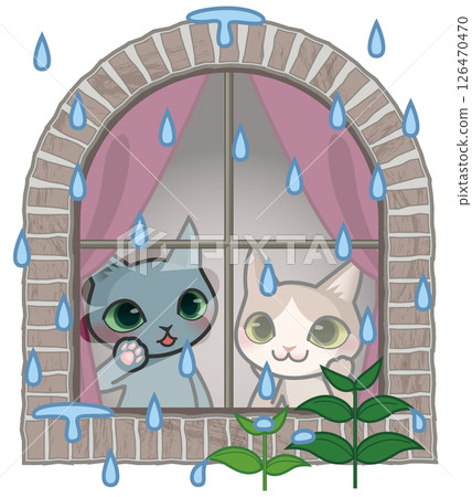 兩隻貓咪角色透過窗戶觀看雨滴 兩隻貓咪角色透過窗戶觀看雨滴 126470470