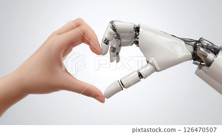 A white ai robot hand and a human hand come together to form the shape of a heart. Heart shaped by human and ai robot hands. Symbol of harmony and AI connection. 126470507