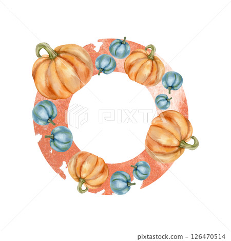 Autumn season watercolor wreath with orange and blue pumpkins illustration. Hand drawn round frame template with harvest and thanksgiving elements for card, poster, scrapbooking design Autumn season watercolor wreath with orange and blue pumpkins illustration. Hand drawn round frame template with harvest and thanksgiving elements for card, poster, scrapbooking design 126470514