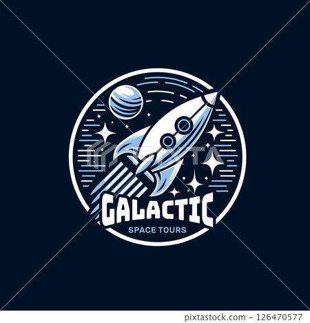 Retro space rocket logo with stars and planet for futuristic brand or space-themed project 126470577