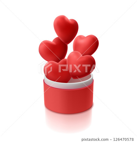 Red volumetric 3d hearts flying out of open box on white isolated background, realistic illustration for greeting card, invitation, wome day, march 8, mother day 126470578