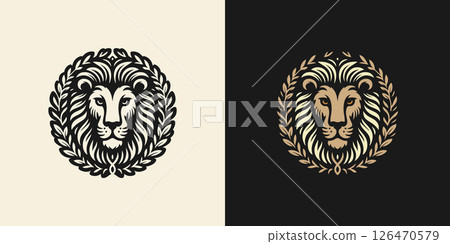Royal lion head logo with laurel wreath in elegant black and gold design for premium branding and luxury identity 126470579