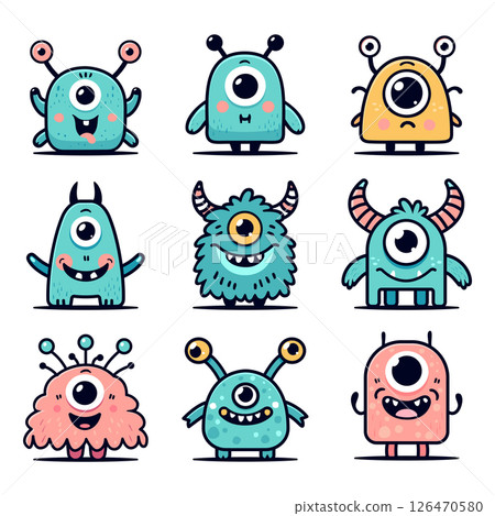 Colorful set of cartoon monsters with cute character, designs for print, book illustrations, festive decorations. Outline flat illustration for birthday party themes, posters, room decor. 126470580
