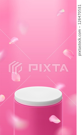 Cylindrical empty stage for product presentation on pink background with rose petals. Vector realistic banner template in romantic style for Valentine Day or International Women Day. 126470581